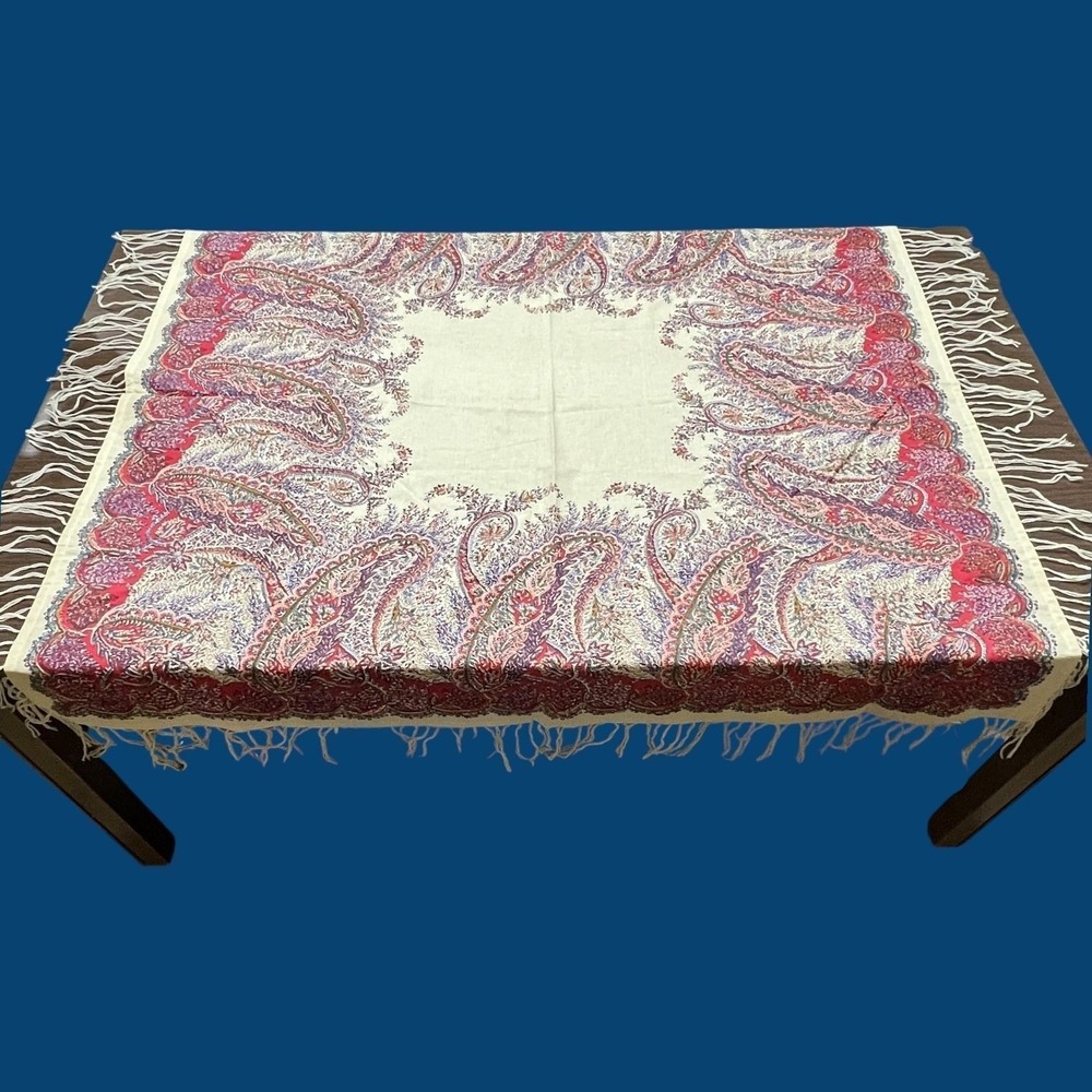Pottery Barn Paisley Print Tablecloth Multicolor w/ Fringe Cotton/Linen 50 x 50"